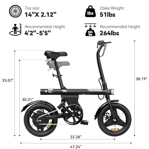 AYOLNY Mini Foldable Electric Bike for Adults, 750W Peak Folding Ebike, 36V 7.8Ah Battery 15 Miles, 14" Small Adult Electric Bicycle for Commuting (Ebike, Black) 7