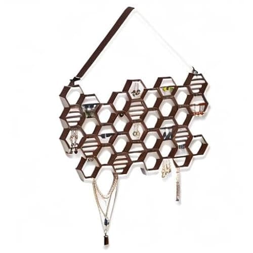 Heesch Honeycomb Earring Organizer Wall Mount Display Wood Hanging Jewelry Organizer for Stud Earrings, Necklaces (Walnut) 8