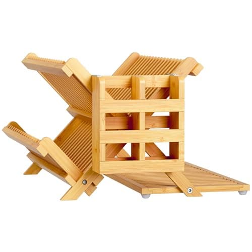 Greenual Bamboo Dish Drying Rack with Utensil Holder, 3 Tier Collapsible Dish Rack, Wooden Dish Racks for Kitchen Counter, Large Folding Drying Holder with Absorbent Dish Drying Mat 7