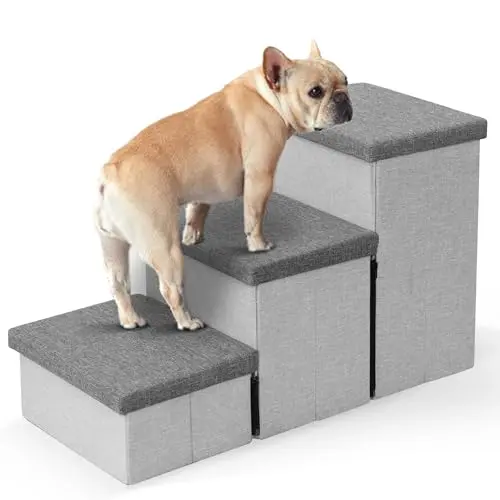 Heeyoo Dog Stairs with Storage, Foldable Dog Steps for Small Dogs, 3 Tiers Non-Slip Pet Stairs for High Beds Or Couch and Sofa, Hold up to 200 lbs Pet Cat