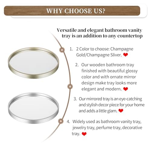 Hanobe Mirror Bathroom Vanity Tray: Champagne Gold Perfume Organizer Decorative Round Trays for Makeup Jewelry Dresser Holder for Women - Wood Table Counter Decor 12'’ 7