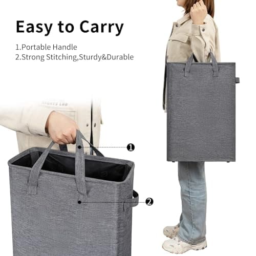ZERO JET LAG Slim Laundry Hamper With Handles Collapsible Laundry Basket Thin Dirty Clothes Basket Narrow Laundry Bag Foldable Dirty Cloth Hamper 45L (23 inches,Dark Grey) 5