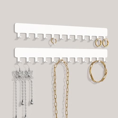 Bussdis Necklace Holder - Hanging Jewelry Organizer, Self-Adhesive, Wall Mount, 2 Pack, White