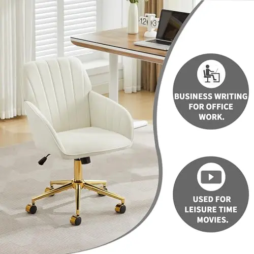 YITAI Velvet Office Desk Chair with Wheels and Gold Base,Modern Height Adjustable 360 Degree Swivel Upholstered Vanity Chairs with Arms for Living Room Bedroom, Study,Cream 7