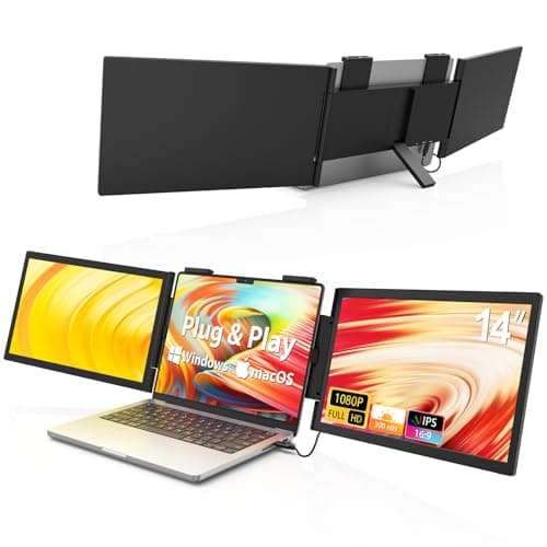 HotYeah Triple Laptop Screen Extender, 14'' Dual Portable Extended Monitor (Windows & MacBook), Plug & Play, 1080P USB-C Travel Display w/Kickstand, Tri Screen Monitor for 14-16'' Laptop