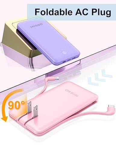 miisso Ultra Slim 10000mAh Power Bank Built-in Cables and Foldable AC Wall Plug, Pocket Size USB C Portable Charger, External Battery Pack Compatible with iPhone Samsung, Pink 7
