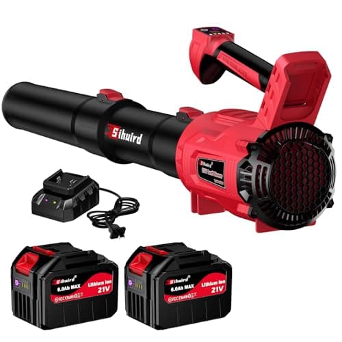 Sihuird Leaf Blower Cordless,2 x 21V 6.0Ah Battery and Charger, with 680CFM 190MPH Electric Cordless Leaf Blower, 5-Variable Speed & Turbo Mode, Blowers for Lawn Care, Patio Cleaning and Dust(Red A)
