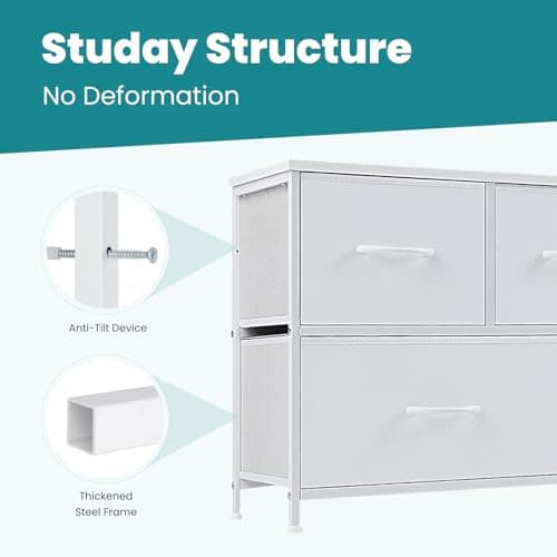 OLIXIS 5 Organizer Storage, Chest of Drawers with Fabric Bins, Long Dresser with Wood Top for Bedroom, Closet, Entryway, White 7