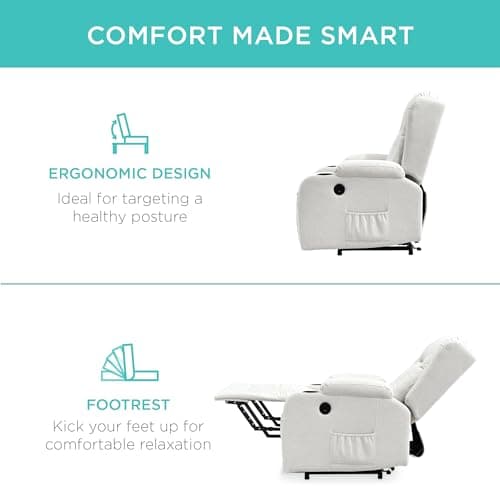 Best Choice Products Modern Linen Electric Power Lift Chair, Recliner Massage Chair, Adjustable Furniture for Back, Legs w/ 3 Positions, USB Port, Heat, Cupholders, Easy-to-Reach Button - Ivory 7