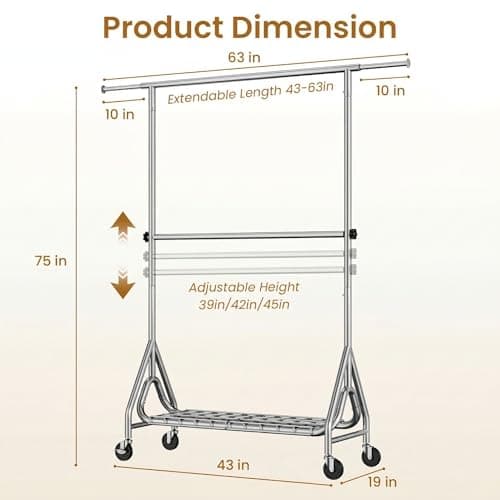 JIEJIERUI Heavy Duty Clothes Rack for Hanging Clothes, Double Rods Clothing Rack with Lockable Wheels, Rolling Garment Racks with Shelf, Easy to Assemble, Silver 6