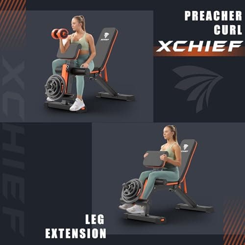 XCHIEF Adjustable Weight Bench - 1000LBS Capacity Heavy Duty Foldable Workout Bench for Full Body Exercise, Flat/Incline/Decline, Bench Press for Home Gym with Preacher Pad & Leg Extension 5