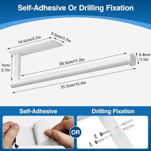Paper Towel Holder - Self-Adhesive or Drilling, White, Wall Mounted, SUS304 Stainless Steel Kitchen Roll Dispenser Under Cabinet 5
