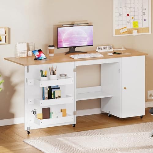 DWVO Large Folding Sewing Table with Charging Station, Multipurpose Craft Table with Compact Design, Sewing Cabinet with Lockable Casters, Storage Shelves, Magnetic Doors, White 8