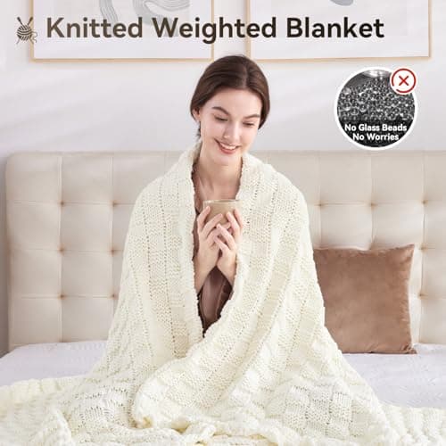 Wellfeel Knitted Weighted Blanket for Adult, No Beads Heavy Blanket 48” x 72'' 12lbs, Breathable Chunky Knit Blanket, Cooling Weighted Blanket for Hot Sleepers, Christmas Home Decor (Ivory White) 5