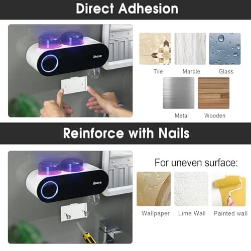 iHave Toothbrush Holders for Bathrooms, UV Toothbrush Sanitizer and Holder Smart Home Bathroom Accessories, 2 Cups Electric Toothbrush Holder Wall Mounted with Toothpaste Dispenser Bathroom Decor 5