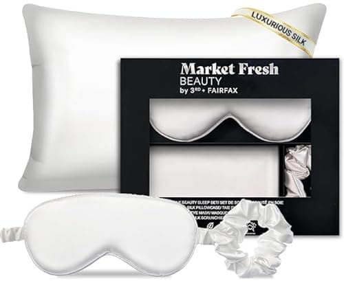 Silk Pillowcase Gift Set, Eye Mask, Pillowcase, and Scrunchie for Gentle Sleep Reducing Breakage, Tangles, Creases, and Wrinkles - Queen Size - White