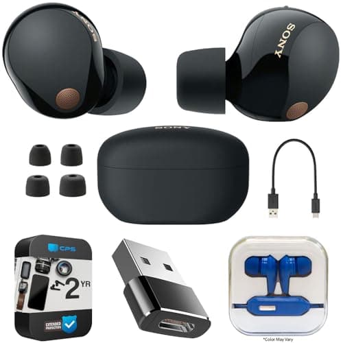 Sony WF1000XM5/B Industry Leading Noise Canceling Truly Wireless Earbuds (Black) Bundle with 2 YR CPS Enhanced Protection Pack, Mizco Travelocity in-Ear Headphone and Type C to USB Adapter