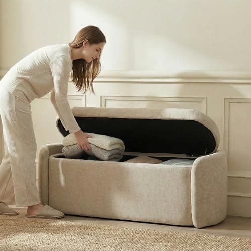 VKNOW 46" Oval Storage Ottoman Bench, Upholstered End of Bed Bench Ottomans Bench Foot Rest, Sherpa Storage Bench for Bedroom, Living Room and Hallway, Light Brown 7