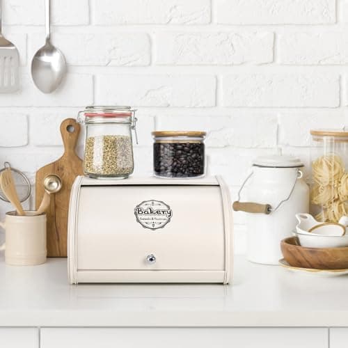 SOUJOY Countertop Bread Box, Bread Container for Kitchen, Vintage Metal Roll Top Bread Storage Holder, 1950s Farmhouse Rustic Baking Dispenser Bin for Dry Food Save, 11.8" L x 10" W x 6.7" H 7