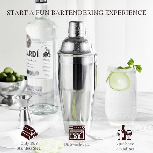 Cocktail Shaker, KITESSENSU 24oz Drink Shaker with Bartender Strainer, Measuring Jigger, Bar Mixing Spoon, Cocktail Recipe Guide, Professional Drink Mixer Set for Beginners, Silver 4
