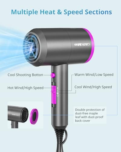 SHRATE Lightweight Ionic Hair Dryer with Diffuser - Powerful 1800W Blow Dryer for Fast Drying - Professional Low Noise Mini Hair Dryer for Travel, Gifts, Hair Styling 7