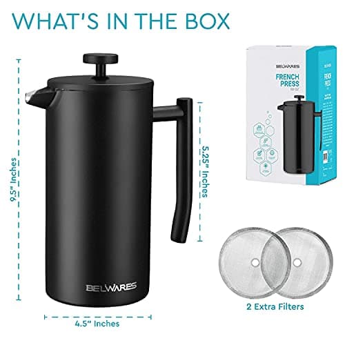 Belwares French Press Coffee Maker 50 OZ - Large Insulated Stainless Steel 304 Coffee Press with Double Wall & 4-Level Filtration System (Black - 1.5L) 7