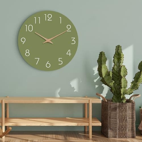 Mosewa Modern Wall Clock - Silent Non-Ticking 8 Inch Wall Clocks Battery Operated Simple Minimalist for Living Room Office Bedrooms Kitchen Home Decor(Olive Green) 9