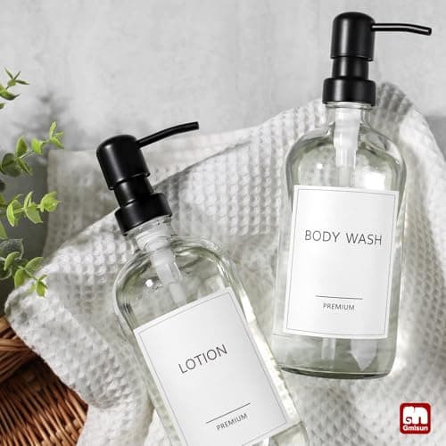 GMISUN Glass Soap Dispenser with Pump, 2 Pack Clear Bathroom Hand Soap Dispenser with Stainless Steel Pump, 17 Fl Oz Refillable Kitchen Hand and Dish Soap Dispensers Set, Modern Liquid Pump Bottles 8