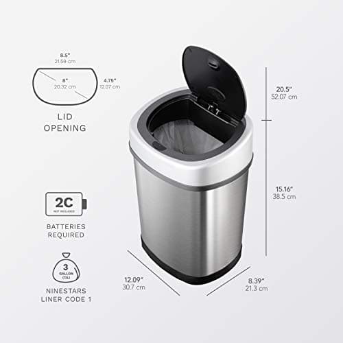 Ninestars CB-DZT-50-13/12-9 Automatic Touchless Infrared Motion Sensor Trash Can Combo Set, 13 Gal 50L & 3 Gal 12L, Stainless Steel Base (Oval, Silver/Black Lid) 5