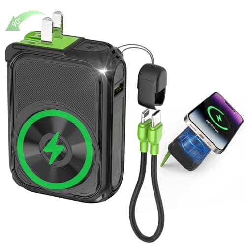 SEANCHEER P05 Portable Charger, Magnetic Power Bank, Small Wireless PowerBank, Battery Pack 10000mAh Travel Essentials Fast Charging with Built in Cable, Foldable Wall Plug for iPhone,Samsung,Andriod