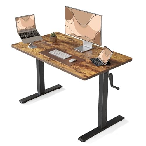 FEZIBO Crank Height Adjustable Desk, 40 Inches Manual Standing Desk, Writing Table with Handle, Home Office Desk with Black Frame/Rustic Brown Top