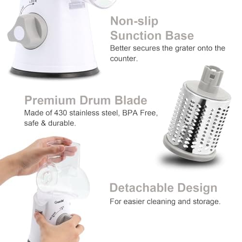 Geedel Rotary Cheese Grater, Kitchen Mandoline Vegetable Slicer with 3 Interchangeable Blades, Easy to Clean Rotary Grater Slicer for Fruit, Vegetables, Nuts 6