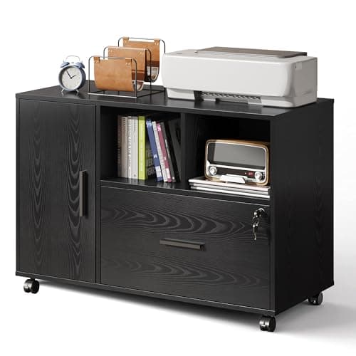 DEVAISE Office File Cabinet with Lock, 1-Drawer Wood Lateral Filing Cabinet on Wheels, Printer Stand with Open Storage Shelves for Home Office, Black