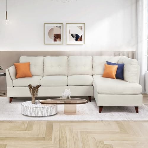 HHOK 97.2" 4 Seat L-Shape Modular Sofa Comfy Couch Living Room Furniture Sets Linen Fabric Loveseat with Chaise Lounge and One Lumbar Pad Upholstered for Apartment, Studio, Office - Beige Sofá