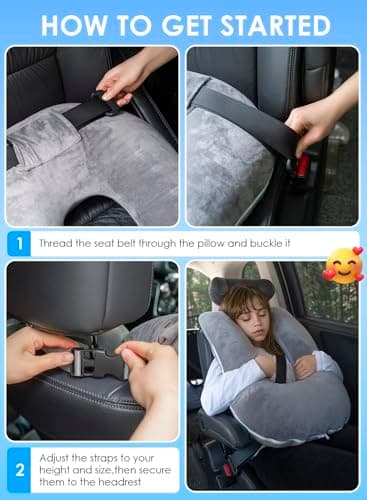 QUEEN ROSE Car Travel Pillow for Sleeping, Adjustable Head Support for Adults & Kids, Breathable Soft Neck Cushion for Road Trips, Machine Washable Cover, Grey 6
