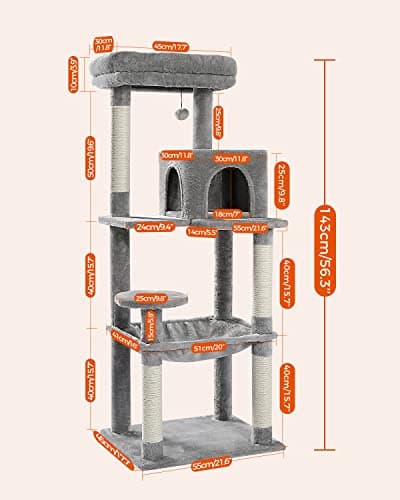 PETEPELA 56.3'' Tall Cat Tree for Indoor Cats, Multi-Level Cat Tower with Super Large Hammock (20''X16''), Sisal Covered Scratching Posts, Cozy Condo and Top Perch Grey 5