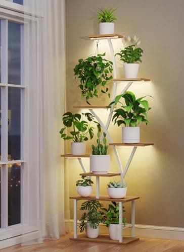 Plant Stand Indoor with Grow Lights - 64" Tall Plant Shelf Lighted Corner Plant Stands for Indoor Growing Multiple Metal 8 Tiered Large S-Shape Flower Holder Plant Rack for Home Decor Patio White