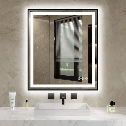 VanPokins LED Bathroom Mirror, 24x34 Inch Gradient Front and Backlit Led Mirror for Bathroom, 3 Colors Dimmable CRI>90 Double Lights, IP54 Enhanced Anti-Fog, Hanging Plates Wall Mount Lighted Mirror