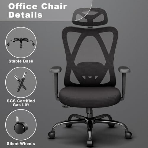 Keratee Ergonomic Office Chair with Adjustable Lumbar Support, High Back Mesh Computer Desk Chairs with 3D Headrest and Armrest, 360° Swivel Wheels and Rocking Function, for Home, Office, Black 7