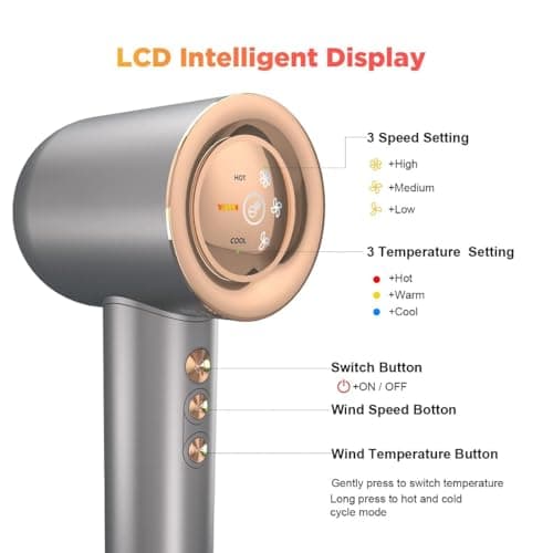 JINRI Hair Dryer, High Speed Ionic Low Noise Blow Dryer with Brushless Motor for Fast Drying, Thermo-Control Quiet Compact Hair Blow Dryer with Magnetic Nozzle for Home Travel Salon, 360g, Silver 6