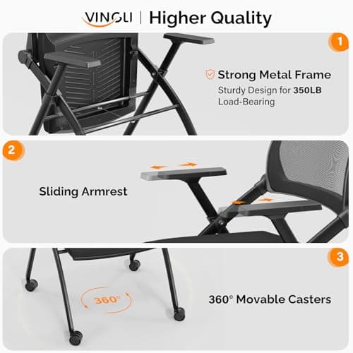 VINGLI 1 Pack Stackable Conference Room Chairs with Wheels, Folding Office Chair with Rebound Back, Padded Seat for Training Room, Guest, Reception, Event, Capacity 350lbs, Black 5