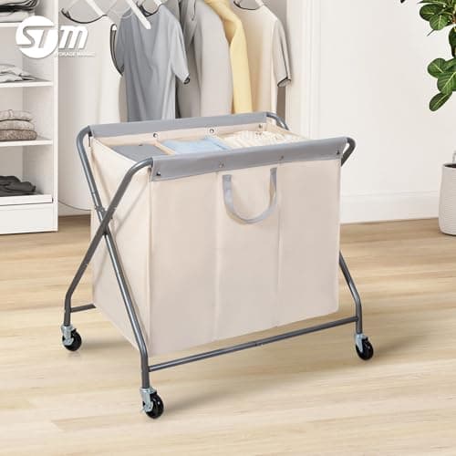 STORAGE MANIAC 160L Collapsible Laundry Hamper with Wheels, Rolling Laundry Basket, Heavy Duty Cloth Sorter with Removable Bag, Folding X Frame Clothes Organizer Cart for Easy to Store, 3 Section 8