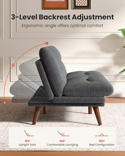 Amada 66" Convertible Futon Sofa Bed, Corduroy Folding Futon Set with Adjustable Backrest &Armrests, Recliner Lounge for Living Room, Apartment or Office, Solid Wood Frame, Loveseat Sofa - Grey 5
