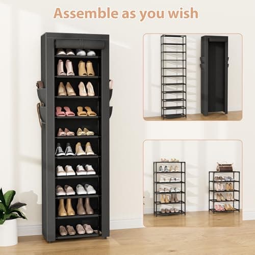 VTRIN Vertical Narrow Shoe Rack Organizer 10 Tier Tall Shoe Shelf Holds 20-22 Pairs with Non-Woven Dustproof Cover for Closet, Entryway Black 5