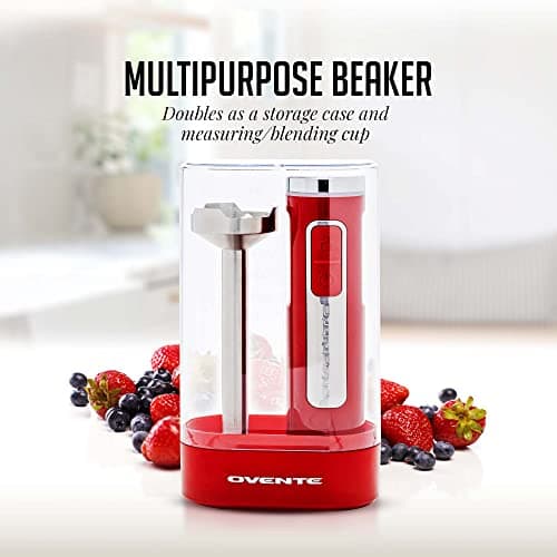 OVENTE Cordless Immersion Hand Blender, Rechargeable Handheld Portable Stick Mixer with 8 Mixing Speed Option, One-Touch Control and Stainless Steel Blades for Smoothies, Shakes or Soups, Red HR781R 7