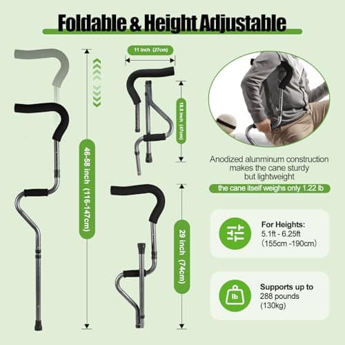 Ez2care Adjustable Folding Crutch, Metallic Grey - Universal Size 5'1" - 6'25" Durable Ergonomic Fashion Design and Comfort Handles, Folding for Travel and Storage, Pack of 1 6