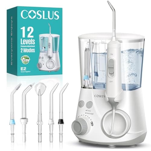 COSLUS E2 Advanced Water Flosser for Teeth: 2 Modes & 12 Pressure Settings Electric Dental Pick for Orthodontic, Braces, Sensitive Gums - Home Use, ​​5 Jet Tips for Multiple Users, Family, White