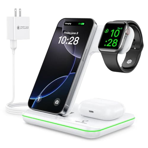 WAITIEE Wireless Charger 3 in 1, 15W Fast Charging Station for Apple Watch 10/9/8/Ultra 2/Ultra/SE/7/6/5/4/3/2, for AirPods 4/3/2/Pro for iPhone 16/15/14/13 /Plus/Pro/Pro Max/12/11(White)