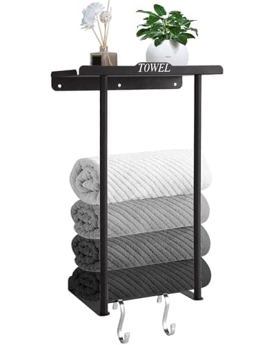 HOVNKUT Towel Racks for Small Spaces, Wall Mounted Metal Shelf & Hooks, Space Saver & Matt Black Bathroom Wall Decor, Holds 4 Rolled Towels (27x54in), Storage for Toilet, RV