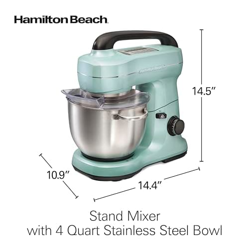 Hamilton Beach Electric Stand Mixer, 4 Quarts, Dough Hook, Flat Beater Attachments, Splash Guard, 7 Speeds with Whisk, Easy-Carry Top Handle, Aqua 7